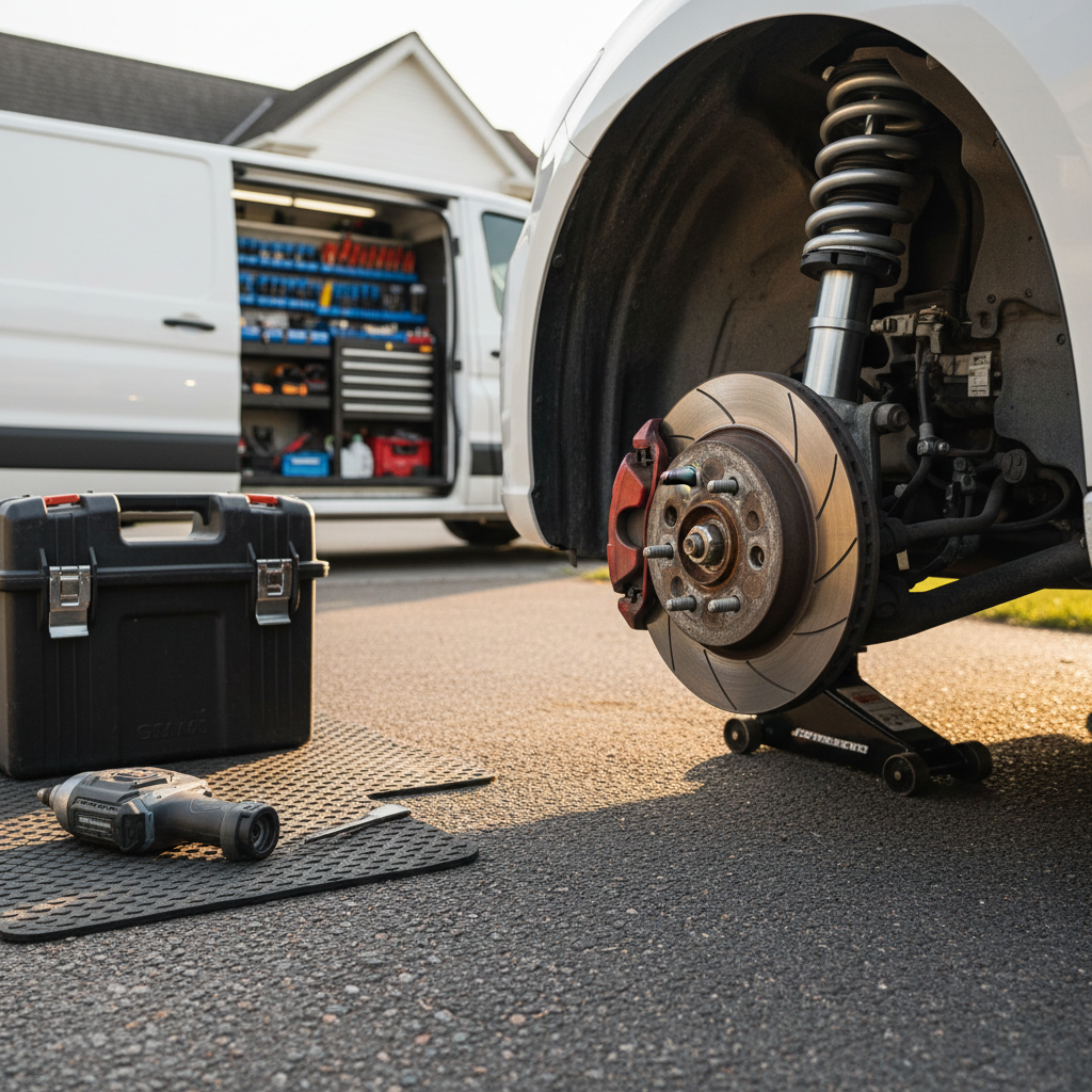 A close, detailed shot of a car’s front wheel area jacked up on a clean driveway, with the wheel removed to expose brake discs and suspension components. Nearby, a portable toolbox and cordless impact wrench rest on a heavy-duty rubber mat, with the mobile mechanic van faintly visible in the background, logo-free but clearly branded by its organized gear. Natural afternoon light casts gentle shadows, accentuating textures of metal, rubber, and asphalt. Photographic realism with shallow depth of field, focusing sharply on the brake assembly. The mood is focused and technical, ideal for illustrating on-site repairs and maintenance details.