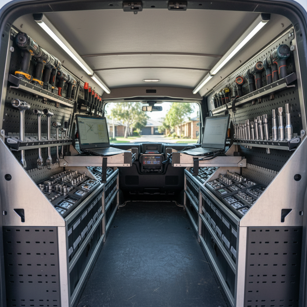 An interior-focused shot of a mobile mechanic van’s workstation, captured from the back looking in. Custom-built shelving holds impact wrenches, torque wrenches, socket sets, and diagnostic laptops, all perfectly organized and secured with straps. LED strip lighting on the ceiling casts bright, clean white light, creating sharp highlights on chrome tools and matte-finished storage bins. The van floor is lined with non-slip textured rubber, and the open doors reveal a hint of a Perth suburban street outside in soft blur. Photographic realism with a slightly wide angle, crisp focus on the equipment, conveying professionalism, preparedness, and trust.