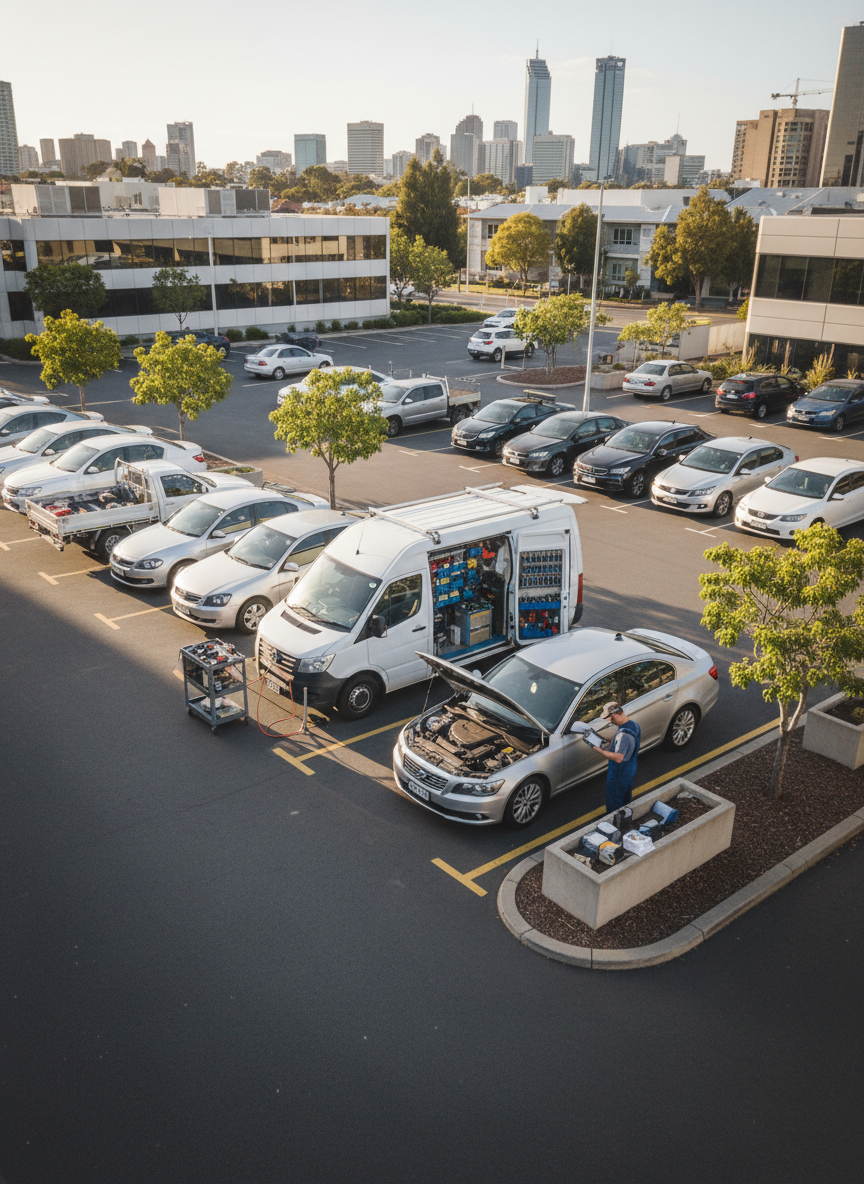 A high, slightly aerial view of a compact Perth commercial car park with several vehicles neatly lined up, one sedan positioned beside a mobile mechanic van with its side doors open. Inside the van, organized tool racks and diagnostic gear are clearly visible, while the serviced car’s bonnet stands open. The warm, bright daylight typical of Perth creates defined but not harsh shadows around painted parking lines and nearby small trees. Background low-rise office buildings and a subtle city skyline anchor the location. Photographic realism with strong clarity, emphasizing efficiency, fleet servicing, and convenience for businesses.