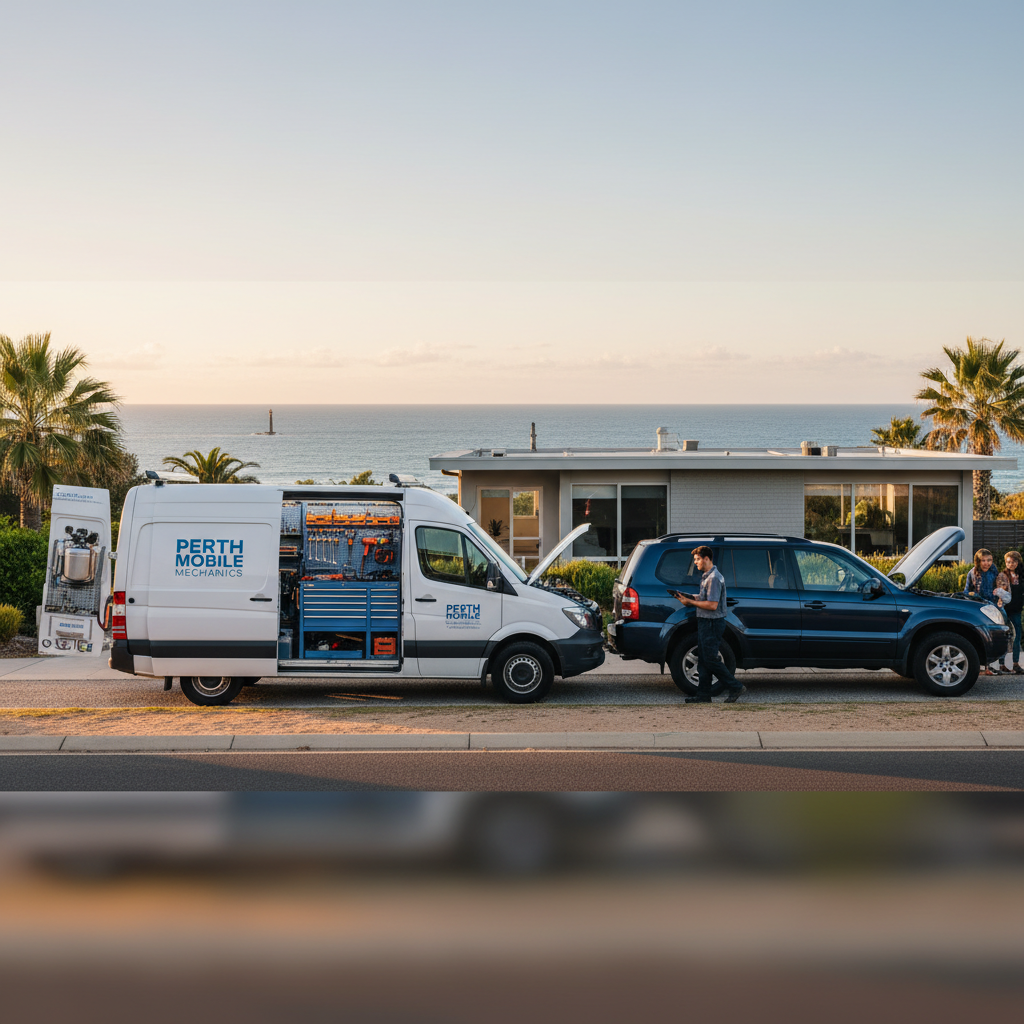 A wide, panoramic view of a mobile mechanic van pulled up near a Perth beachside road, servicing a family SUV parked alongside a low, modern home. The van’s rear doors are open, showing an orderly setup of compressors, tool racks, and labelled storage drawers. Golden hour light washes the scene in warm tones, with the Indian Ocean and a subtle silhouette of a recognizable Perth landmark far in the distance. The sky is clear with soft gradients, and the atmosphere feels relaxed but highly competent. Photographic realism, wide-angle lens, balanced composition emphasizing mobility and local Perth service coverage.
