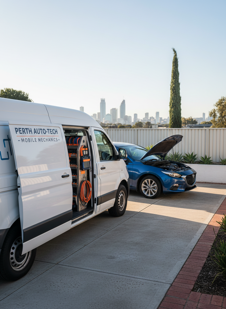 A clean, modern mobile mechanic van parked neatly in a suburban Perth driveway beside a late-model sedan with its bonnet open. The van’s side door is slid wide to reveal organized shelves of gleaming tools, diagnostic equipment, and neatly coiled hoses. Soft late-morning sunlight creates crisp reflections on the vehicle paintwork and subtle shadows along the brick driveway and low garden wall. In the distance, a hint of Perth’s skyline and a tall eucalyptus tree add local character. Photographic realism from a slightly elevated, three-quarter angle, sharp focus throughout, conveying reliability, professionalism, and on-site convenience.