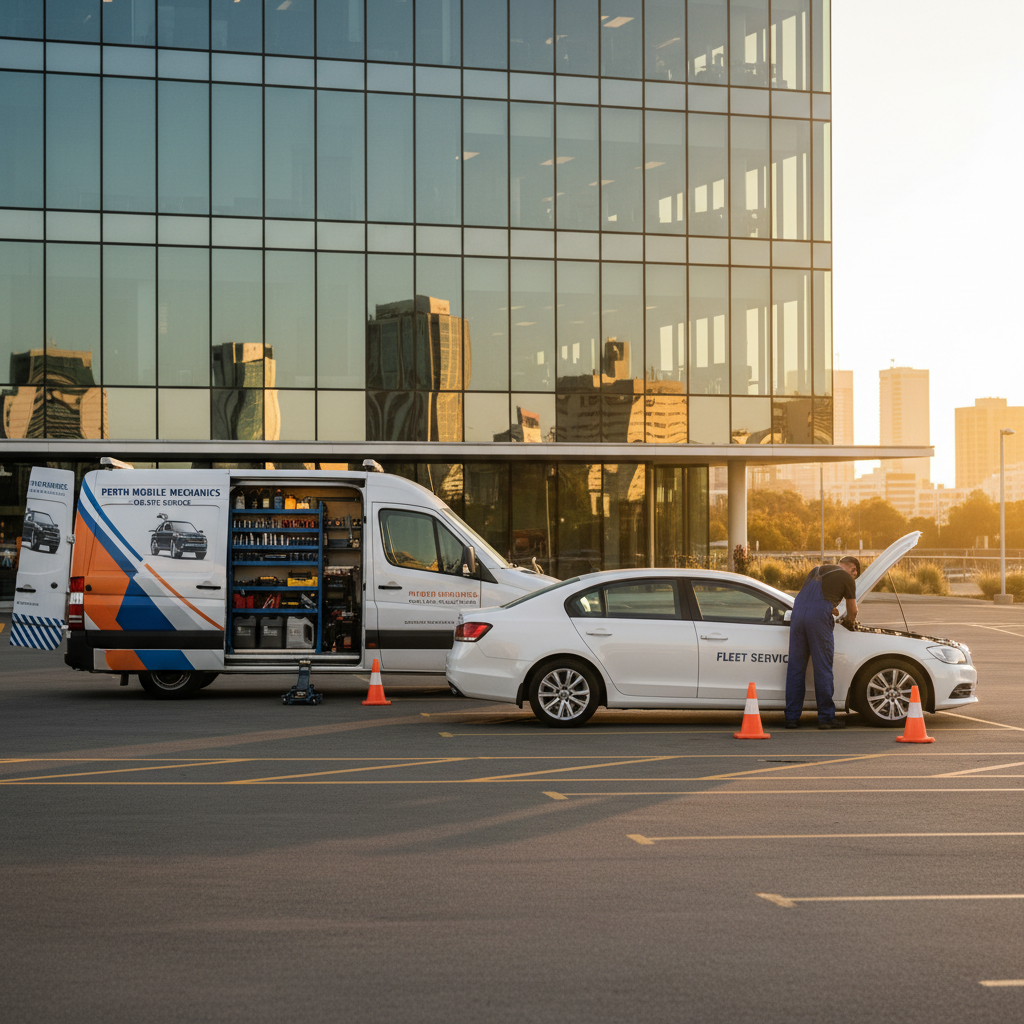 A fully equipped mobile mechanic van stationed in an office car park near a glass-fronted Perth workplace building, servicing a white fleet vehicle with the bonnet raised. Orange safety cones and a compact jack are positioned around the car, while the van’s interior reveals neatly arranged tools and spare parts. Warm late-afternoon sunlight reflects off the building’s glass facade, casting long but gentle shadows across marked parking bays. The composition uses rule of thirds at eye level, with sharp focus on the vehicles and a slightly softened city backdrop, creating a professional, efficient, and business-focused photographic image.