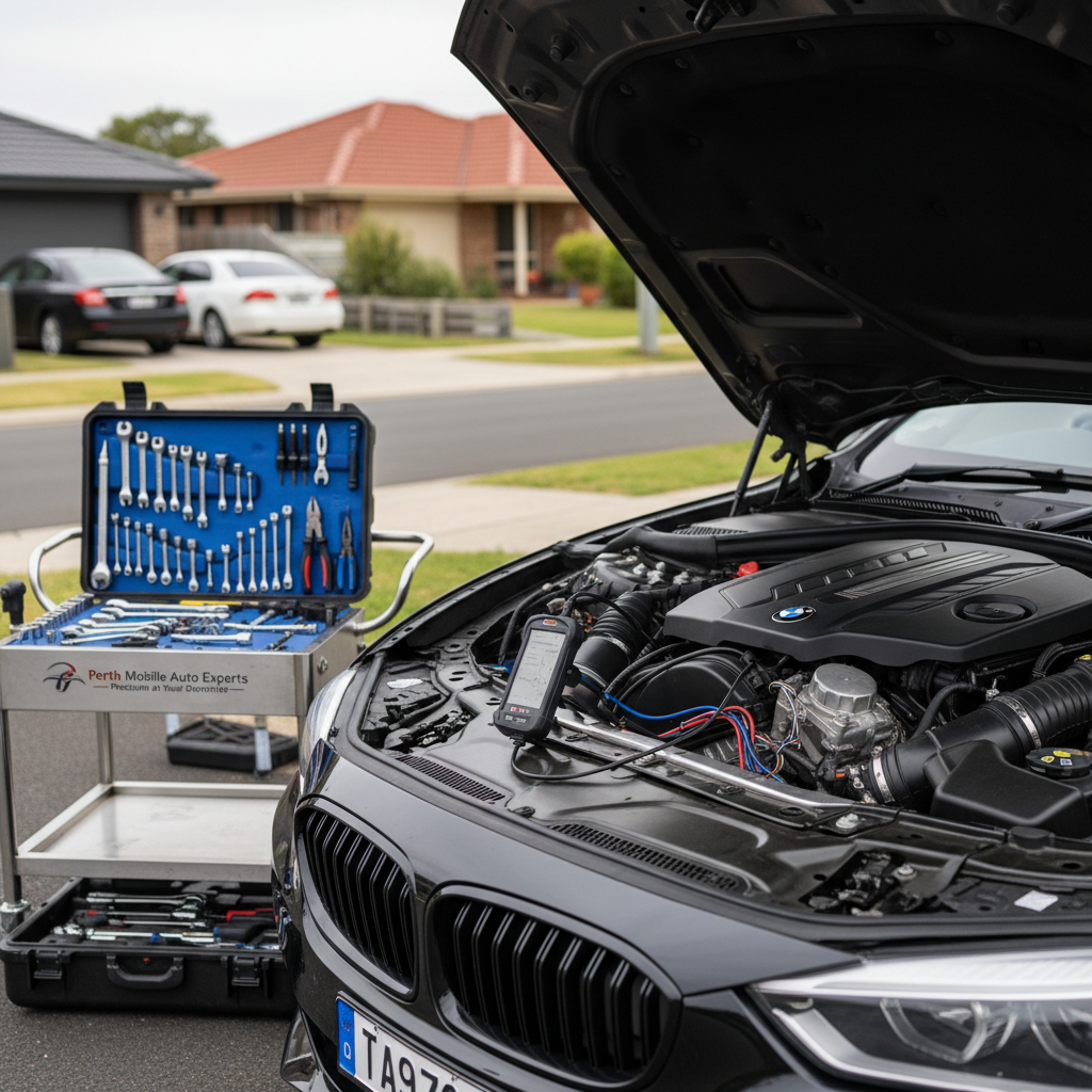 A detailed close-up of a car engine bay in a quiet Perth residential street, with high-quality tools laid out on a portable stainless-steel trolley beside the vehicle. The engine components look clean but actively being serviced, with a diagnostic scanner connected and a rugged, branded tool case open below. Overcast daylight creates diffused, even lighting with minimal harsh shadows, emphasizing metallic textures and colored cables. Background homes and parked vehicles are softly blurred in bokeh, keeping focus on precision and care. Photographic realism, eye-level composition, calm and methodical atmosphere that communicates expert mobile repairs at your doorstep.